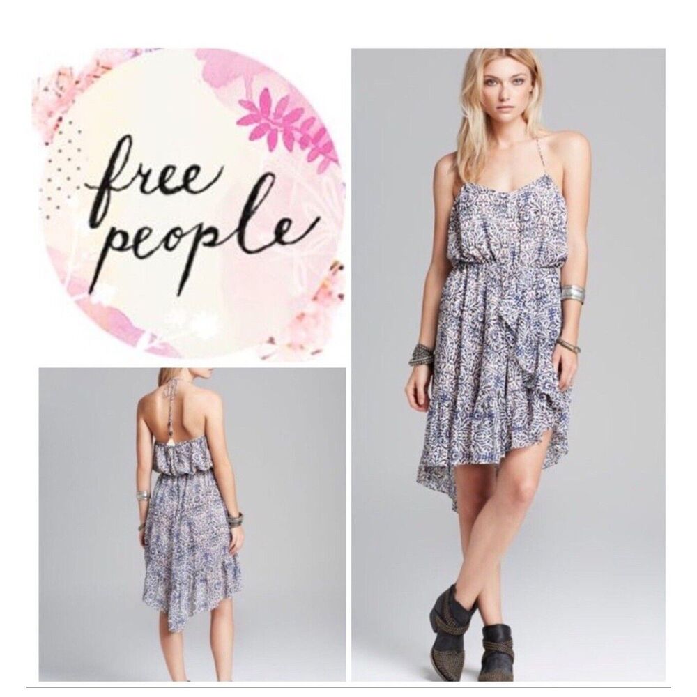 Free People Safari Blue Paisley Tiered Ruffled Sun Dress Tea Chiffon Size Medium